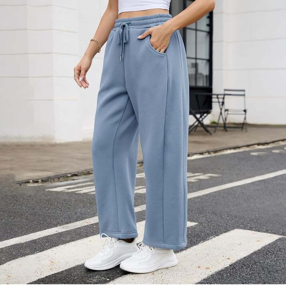 GaoCold Barrel Sweatpants Women Fleece Lined Wide Leg Drawstring Pants Blue